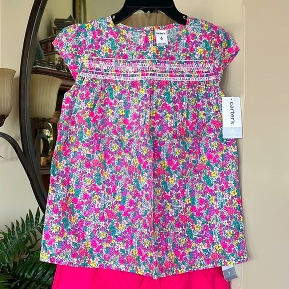 Brand New Carter’s 2-Piece Set Floral Peasant Top & Tailored Pink Shorts - Picture 2 of 16